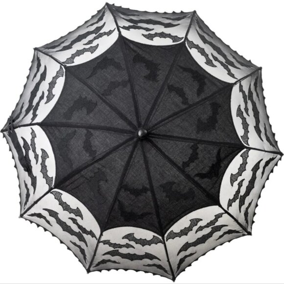 Black Bat Mesh Lace Spiderweb Detail Deep Round Sun Shade Parasol NWT - Picture 2 of 6